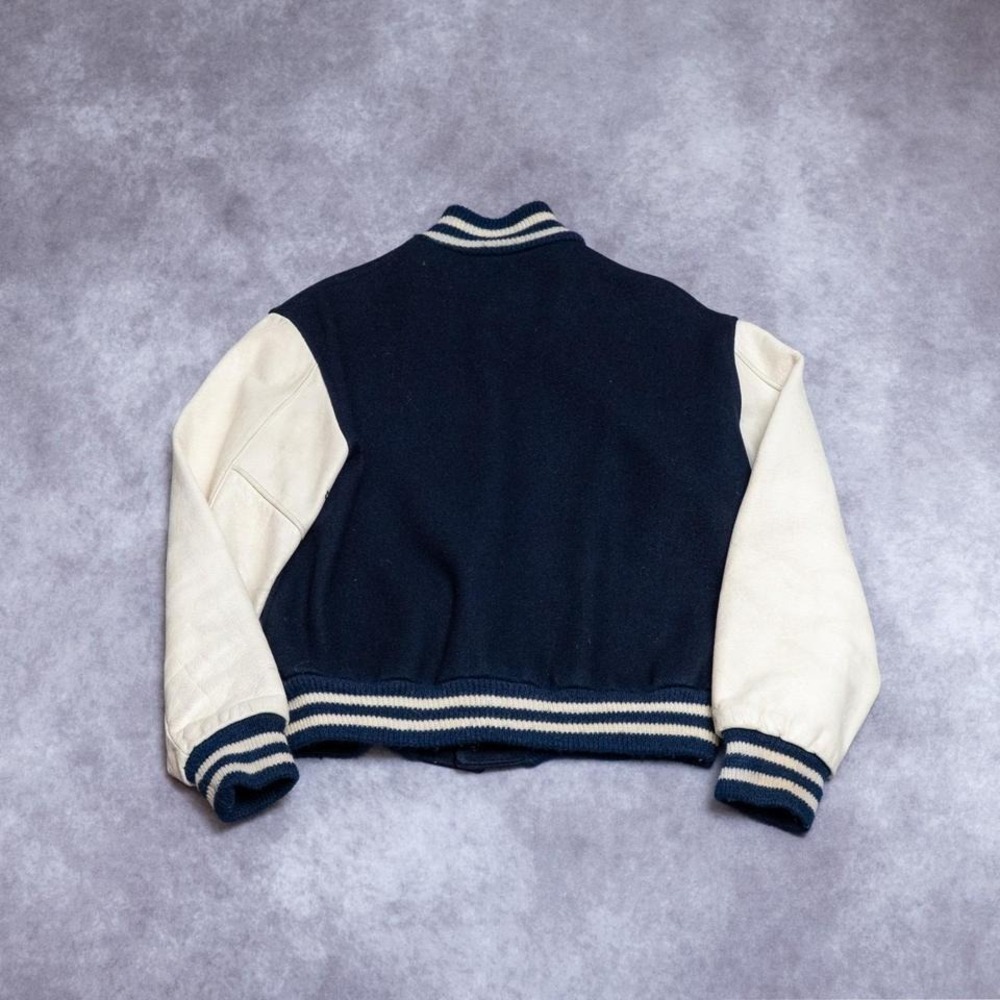 Varsity Bomber Jacket Navy Blue Empire Sporting Goods Leather Sleeve Letterman - Picture 2 of 7